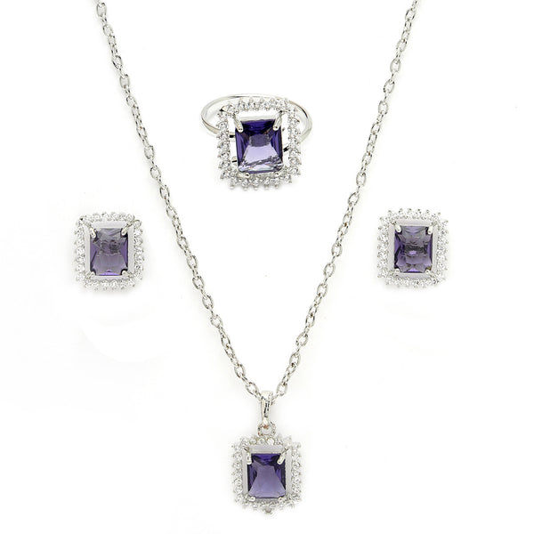 Rhodium Plated Silver Toned Square Shaped Violet American Diamond Studded Pendant Combo With Ring