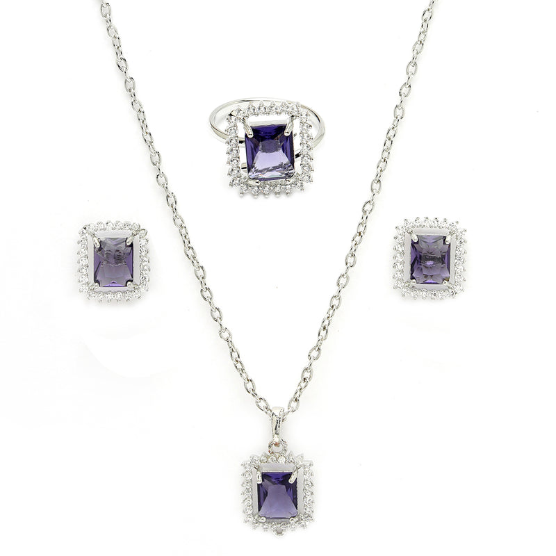 Rhodium Plated Silver Toned Square Shaped Violet American Diamond Studded Pendant Combo With Ring