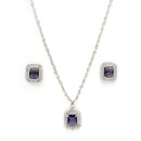 Rhodium Plated Silver Toned Square Shaped Violet American Diamond Studded Pendant Combo With Ring