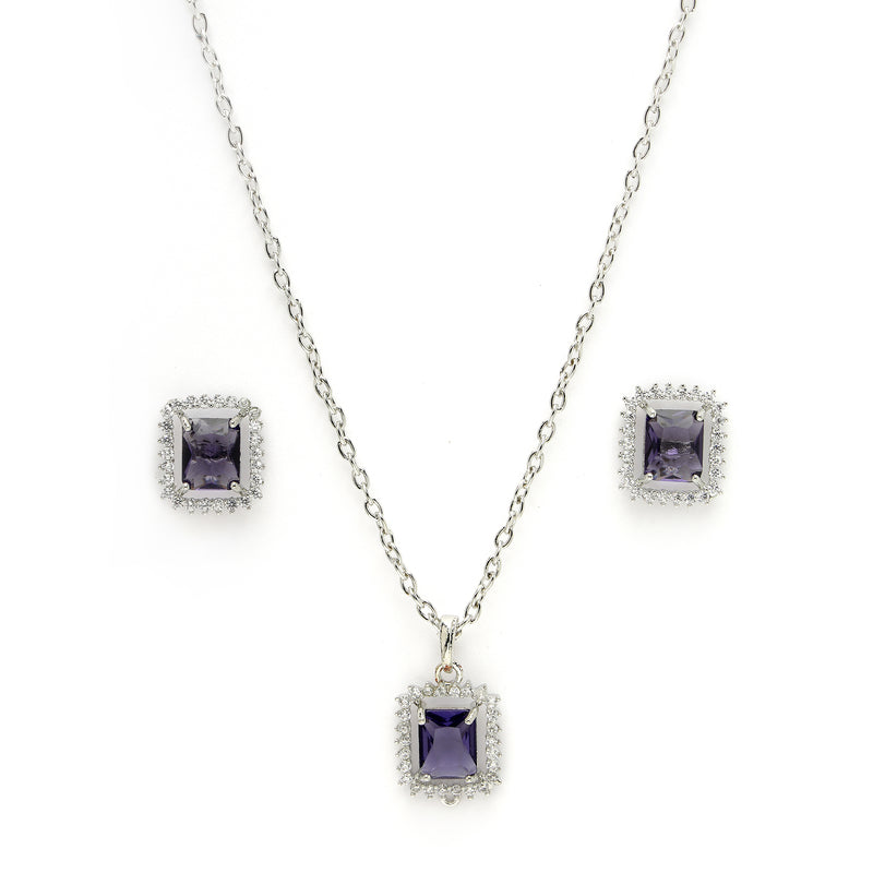 Rhodium Plated Silver Toned Square Shaped Violet American Diamond Studded Pendant Combo With Ring