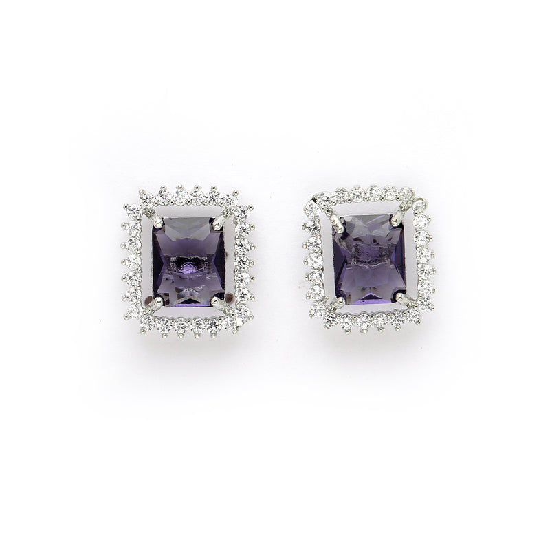 Rhodium Plated Silver Toned Square Shaped Violet American Diamond Studded Pendant Combo With Ring