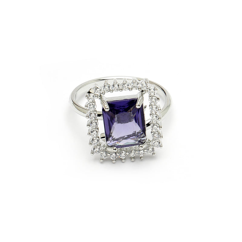 Rhodium Plated Silver Toned Square Shaped Violet American Diamond Studded Pendant Combo With Ring