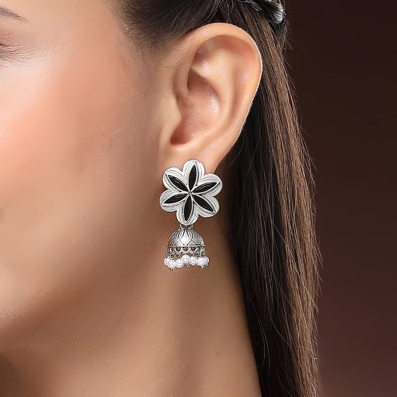 Oxidised Silver Toned Floral Shaped Pearl Beaded Jhumki