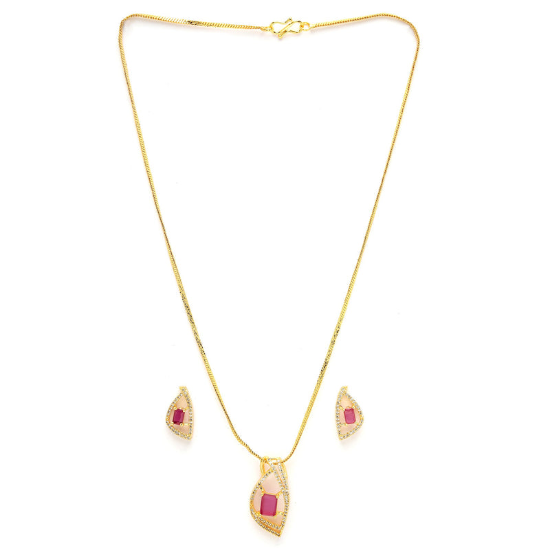 Gold Plated Pink Stone Studded  Leaf-Shaped Pendant Set