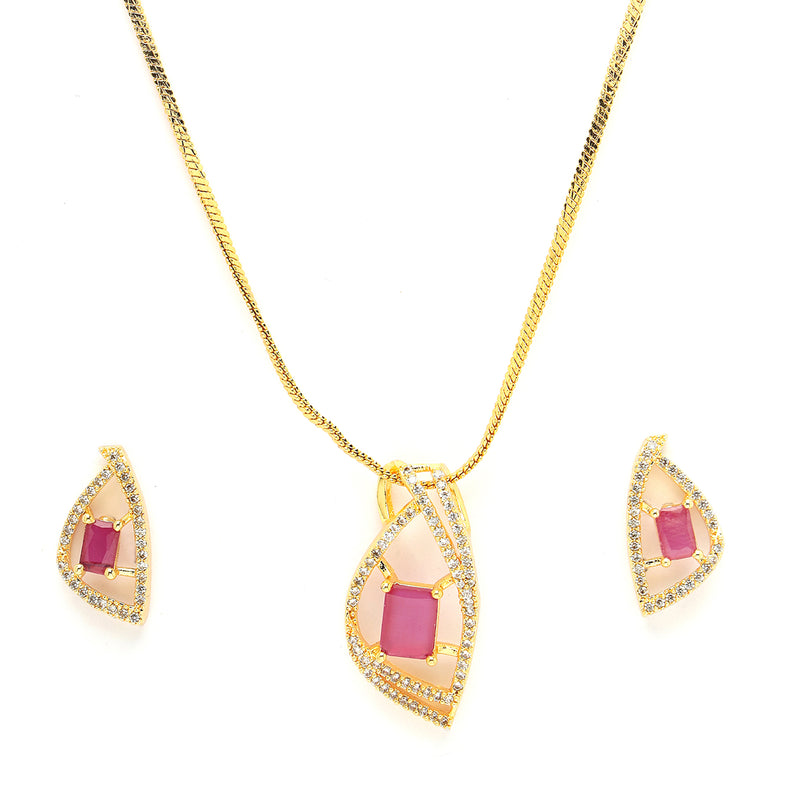 Gold Plated Pink Stone Studded  Leaf-Shaped Pendant Set