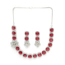 Rhodium Plated Silver Toned Red Cussion Cut AD Studded  Necklace With Matching Drop Earrings