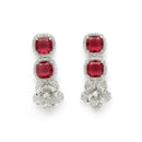 Rhodium Plated Silver Toned Red Cussion Cut AD Studded  Necklace With Matching Drop Earrings