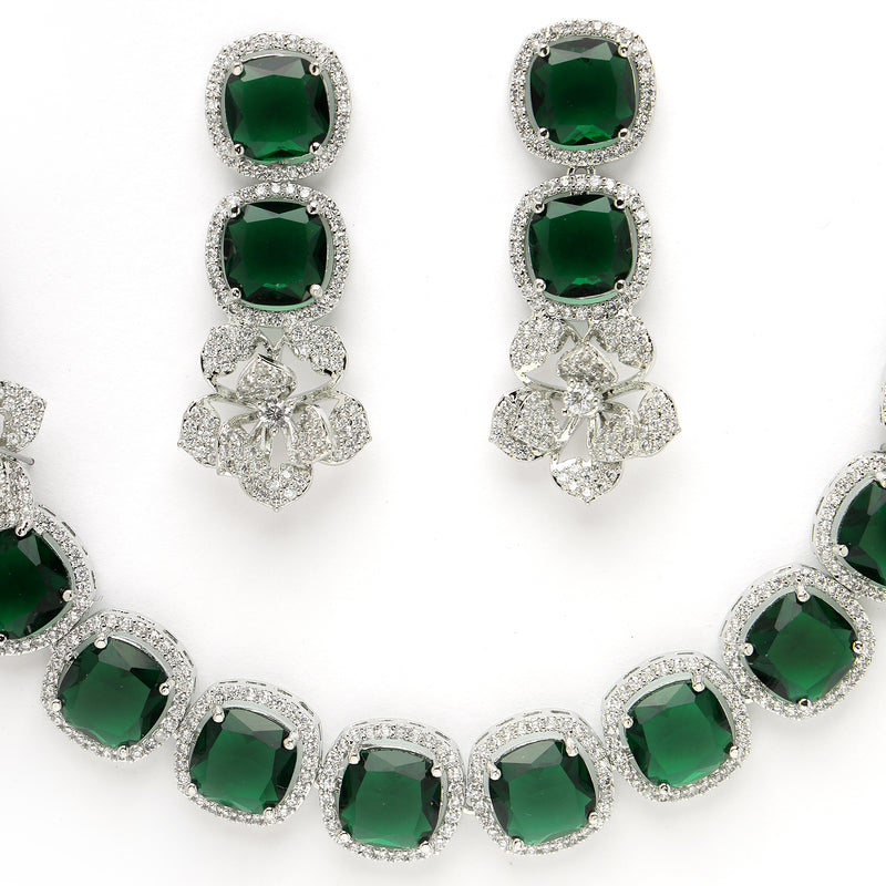 Rhodium Plated Silver Toned Green Cussion Cut AD Studded  Necklace With Matching Drop Earrings