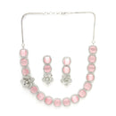 Rhodium Plated Silver Toned Pink Cussion Cut AD Studded  Necklace With Matching Drop Earrings