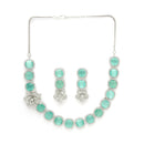 Rhodium Plated Silver Toned Sea Green Cussion Cut AD Studded  Necklace With Matching Drop Earrings