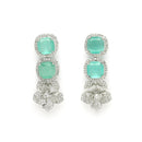 Rhodium Plated Silver Toned Sea Green Cussion Cut AD Studded  Necklace With Matching Drop Earrings