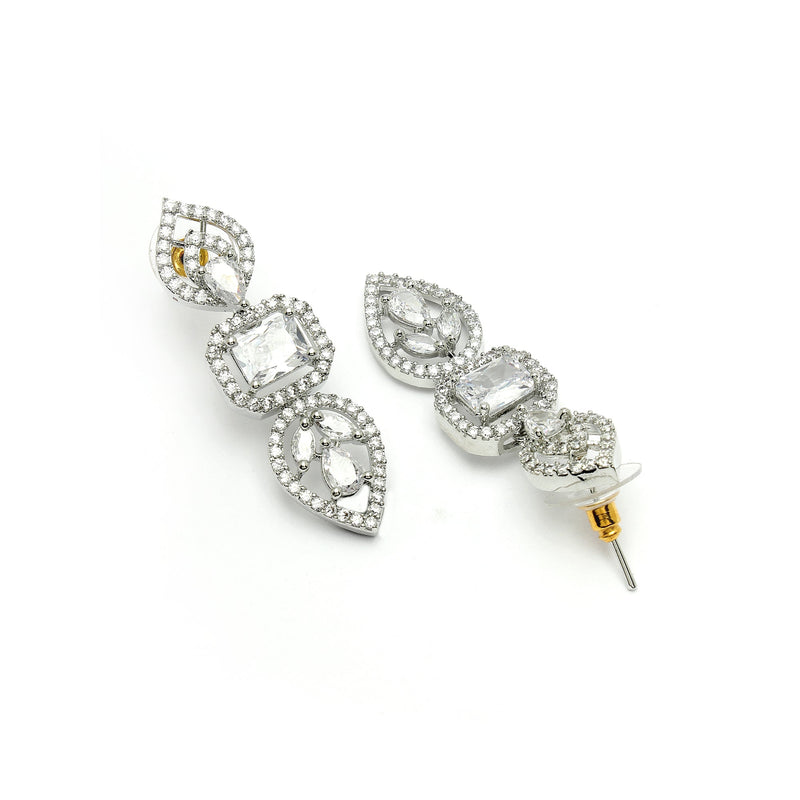 Rhodium Plated Silver Toned Halo Teardrop Design With White Square American Diamond Studded  Necklace With Matching Drop Earrings