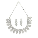 Rhodium Plated Silver Toned Halo Teardrop Design With White Square American Diamond Studded  Necklace With Matching Drop Earrings