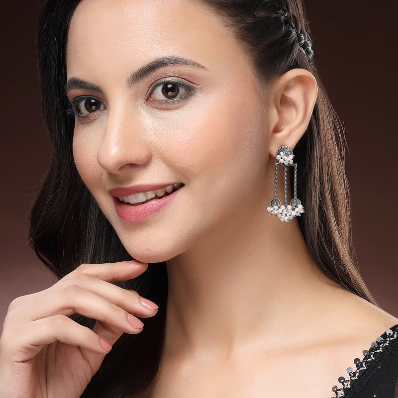 Oxidised Silver Toned White Pearl Beaded Drop Earrings