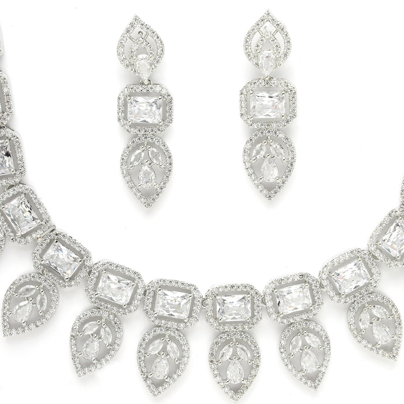 Rhodium Plated Silver Toned Marquise Shaped White American Diamond Studded  Necklace With Matching Drop Earrings