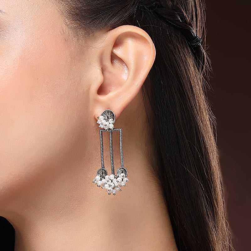 Oxidised Silver Toned White Pearl Beaded Drop Earrings