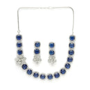 Rhodium Plated Silver Toned Blue Cussion Cut AD Studded  Necklace With Matching Drop Earrings