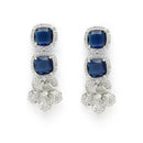 Rhodium Plated Silver Toned Blue Cussion Cut AD Studded  Necklace With Matching Drop Earrings