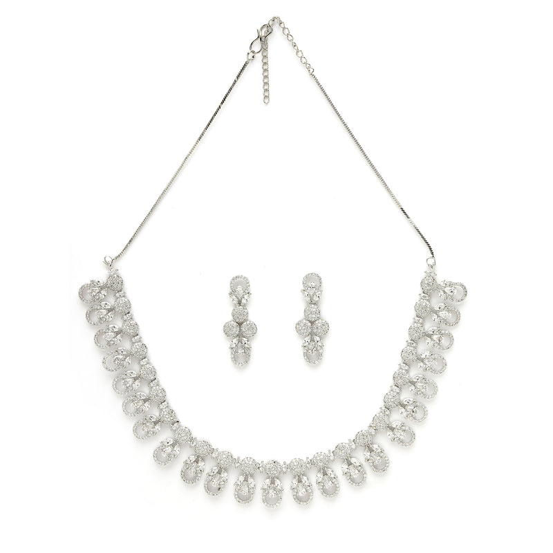 Rhodium Plated Silver Toned Round White American Diamond  Studded Necklace Set With Earrings