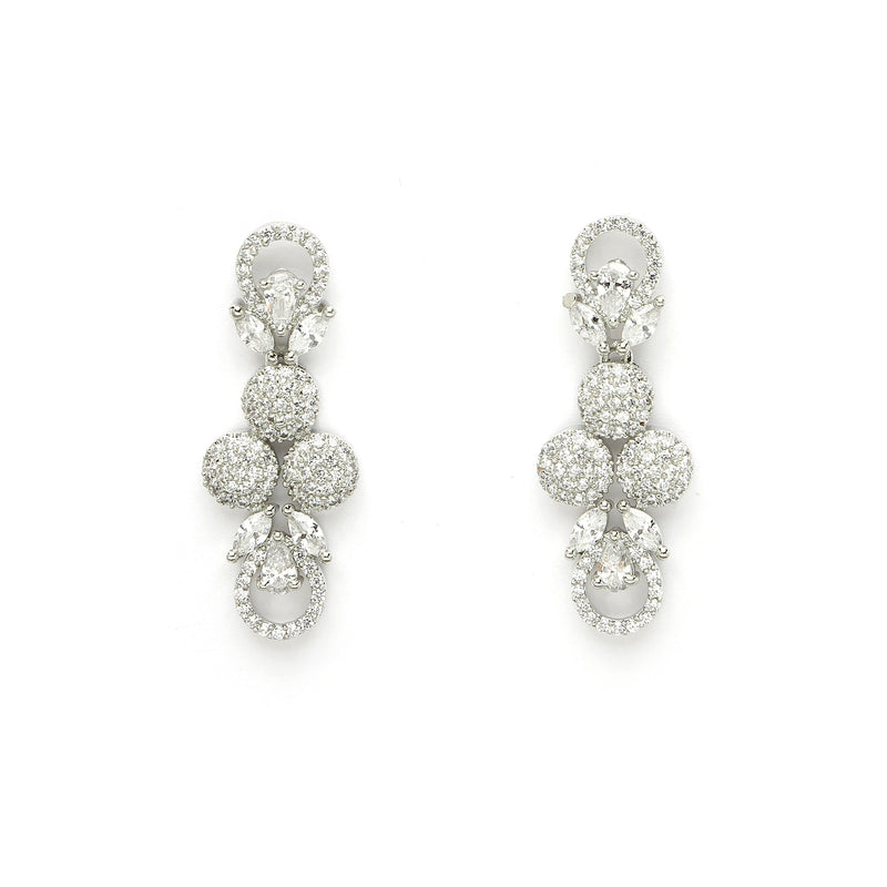 Rhodium Plated Silver Toned Round White American Diamond  Studded Necklace Set With Earrings