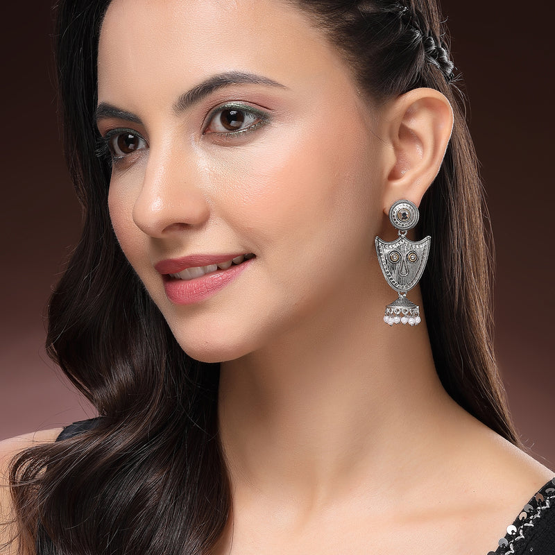 Oxidised Silver Toned Pearl Beaded Tribal Boho Style Earrings