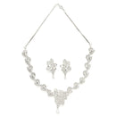 Rhodium Plated Silver Toned Floral Motif White AD Studded Necklace Set With Earrings