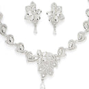 Rhodium Plated Silver Toned Floral Motif White AD Studded Necklace Set With Earrings