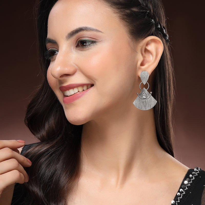 Oxidised Fusion CZ Studded Tribal Style Dangler Earrings