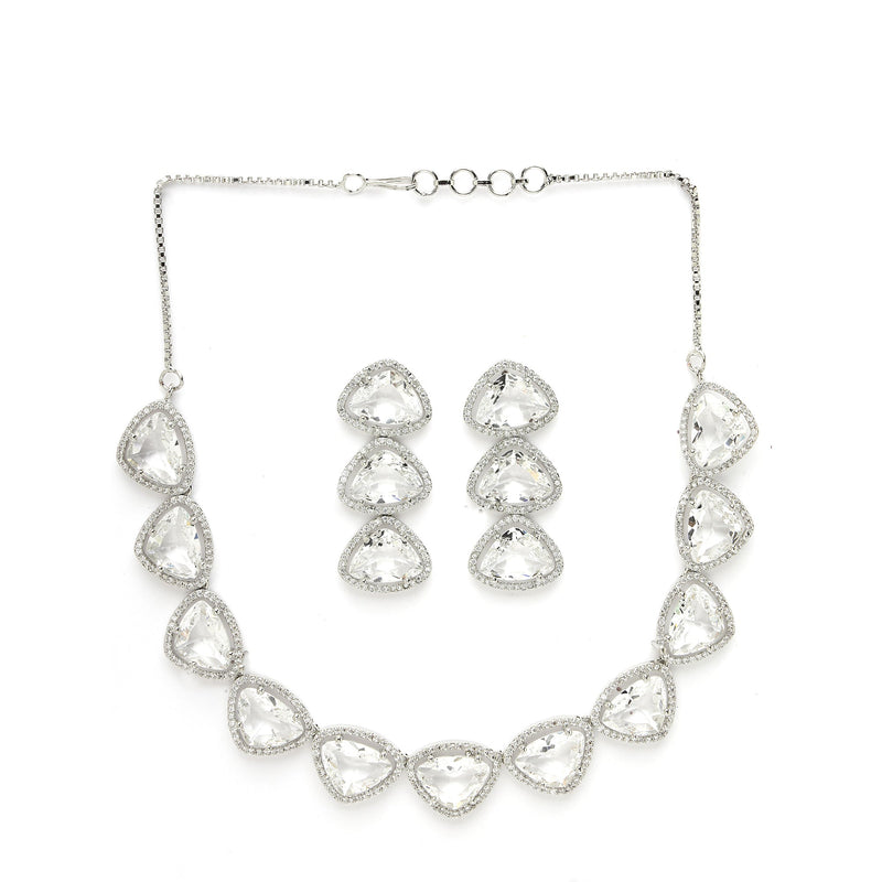 Rhodium Plated Silver Toned White Trillion Cut AD Studded Necklace With Matching Drop Earrings