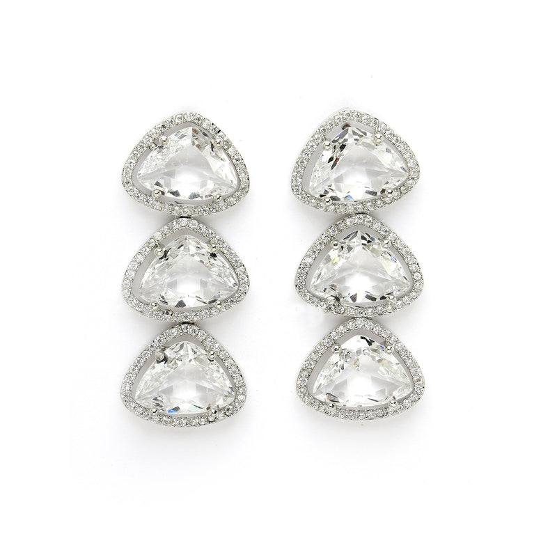Rhodium Plated Silver Toned White Trillion Cut AD Studded Necklace With Matching Drop Earrings