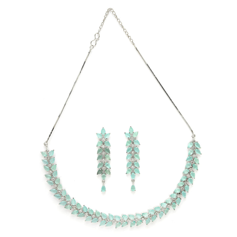 Rhodium Plated Silver Toned Sea Green Floral American Diamond Studded Necklace With Matching Earrings