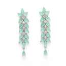 Rhodium Plated Silver Toned Sea Green Floral American Diamond Studded Necklace With Matching Earrings