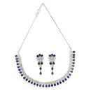 Rhodium Plated Silver Toned Blue American Diamond  Studded Classic Necklace With Floral Drop Earrings