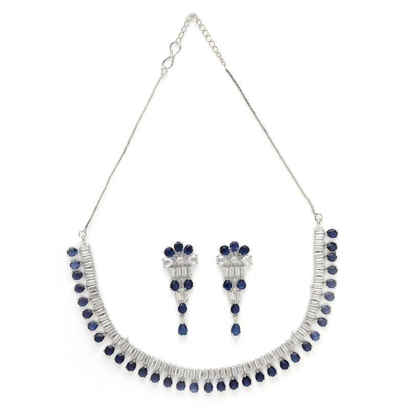 Rhodium Plated Silver Toned Blue American Diamond  Studded Classic Necklace With Floral Drop Earrings