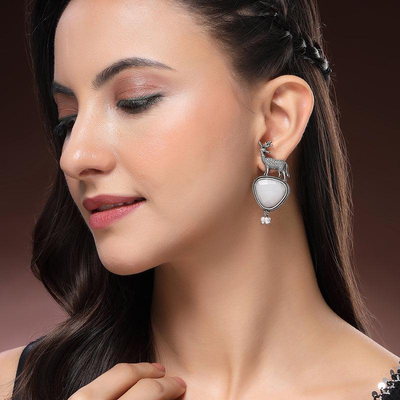 Oxidised Silver Toned Deer Shaped Gray CZ Stone Studded Pearl Beaded Earrings