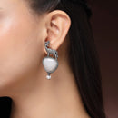 Oxidised Silver Toned Deer Shaped Gray CZ Stone Studded Pearl Beaded Earrings