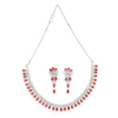 Rhodium Plated Silver Toned Red American Diamond  Studded Classic Necklace With Floral Drop Earrings