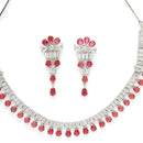 Rhodium Plated Silver Toned Red American Diamond  Studded Classic Necklace With Floral Drop Earrings