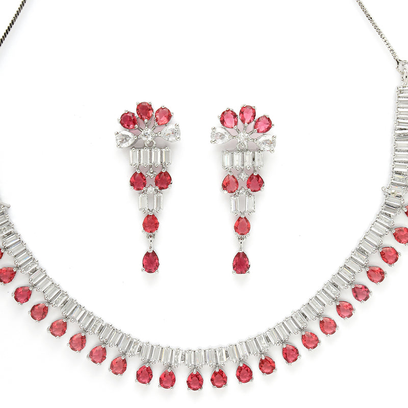 Rhodium Plated Silver Toned Red American Diamond  Studded Classic Necklace With Floral Drop Earrings