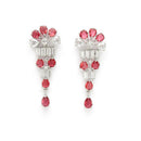 Rhodium Plated Silver Toned Red American Diamond  Studded Classic Necklace With Floral Drop Earrings