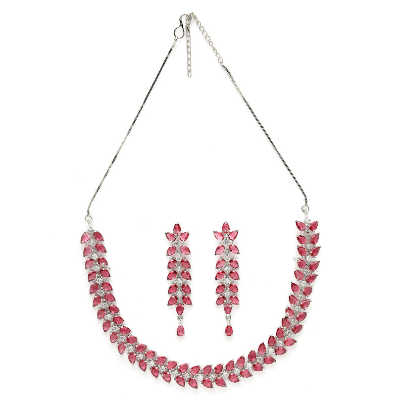 Rhodium Plated Silver Toned Red Floral American Diamond Studded Necklace With Matching Earrings