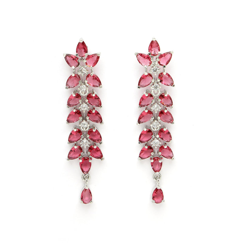 Rhodium Plated Silver Toned Red Floral American Diamond Studded Necklace With Matching Earrings