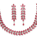 Rhodium Plated Silver Toned Red Floral American Diamond Studded Necklace With Matching Earrings