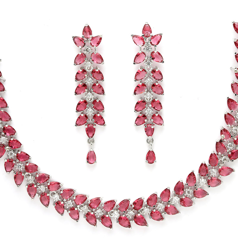Rhodium Plated Silver Toned Red Floral American Diamond Studded Necklace With Matching Earrings
