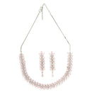 Rhodium Plated Silver Toned Pink Floral American Diamond Studded Necklace With Matching Earrings