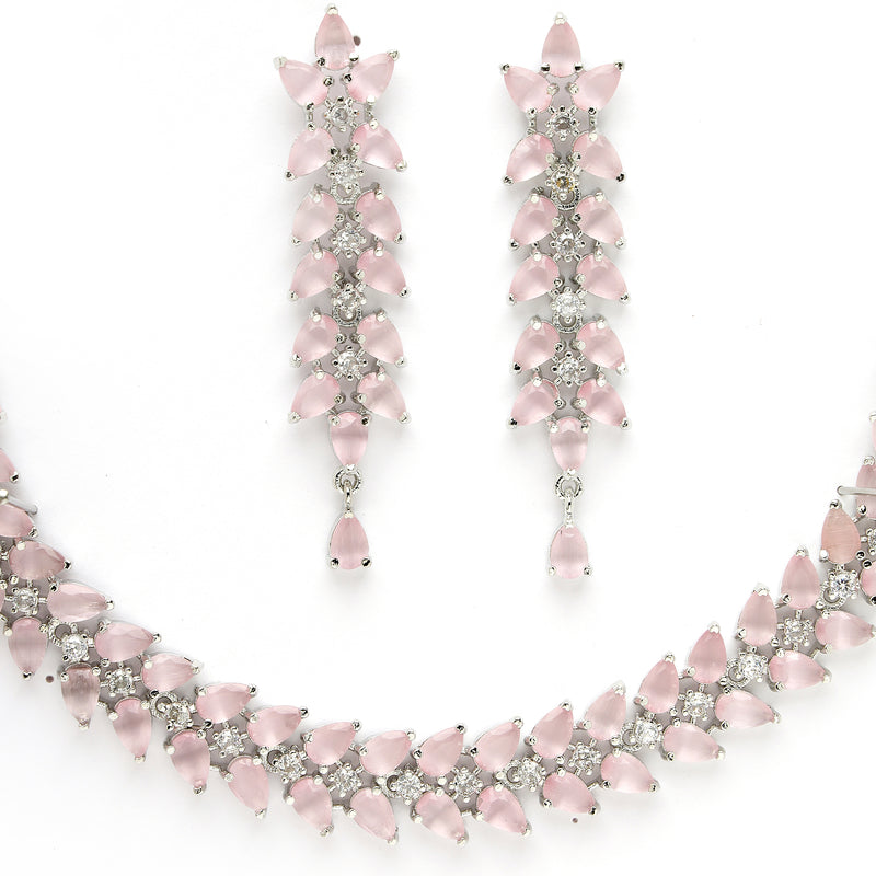 Rhodium Plated Silver Toned Pink Floral American Diamond Studded Necklace With Matching Earrings