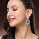 Oxidized SIilver Toned Oval Shaped Pink Cubic Zirconia Studded Earrings