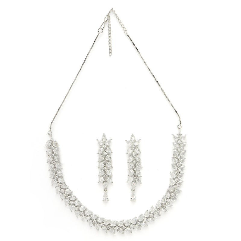 Rhodium Plated Silver Toned White Floral American Diamond Studded Necklace With Matching Earrings