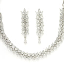 Rhodium Plated Silver Toned White Floral American Diamond Studded Necklace With Matching Earrings