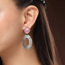 Oxidized SIilver Toned Oval Shaped Pink Cubic Zirconia Studded Earrings